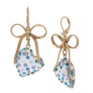 Betsey Johnson Gold Tone Heart Bow Drop Earrings Rhinestone Studded Jelly Lucite
